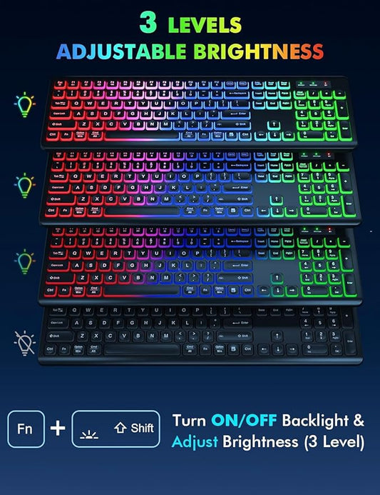 Wireless Keyboard and Mouse Combo - RGB Backlit, Rechargeable & Light Up Letters, Full-Size, Ergonomic Tilt Angle, Sleep Mode, 2.4GHz Quiet Keyboard Mouse for Mac, Windows, Laptop, PC