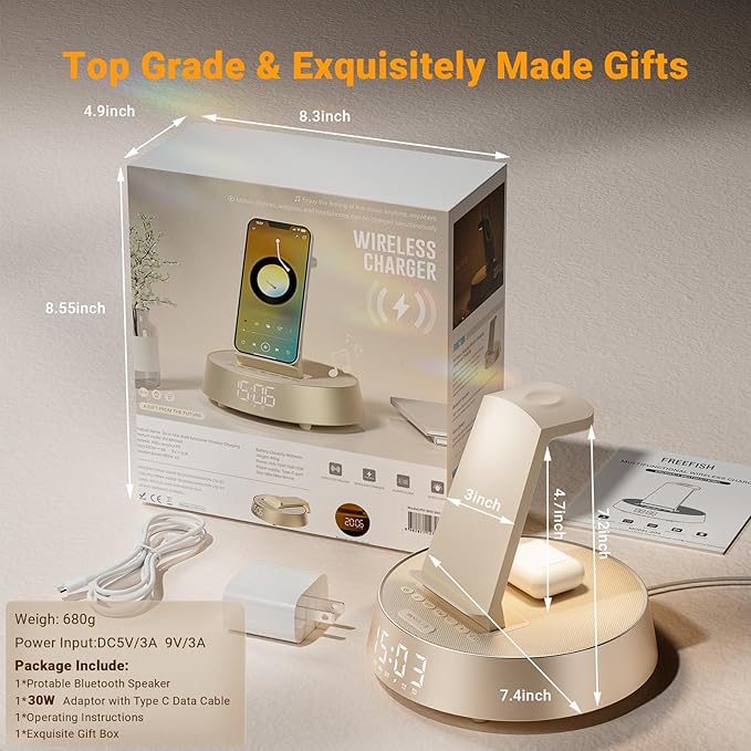 7 in 1 Wireless Charging Station, Alarm Clock for Bedroom with Dimmable Night Light Bluetooth Speaker, Dock Station for iPhone 16 15 14 13 12 11 Pro Max, Apple Watch