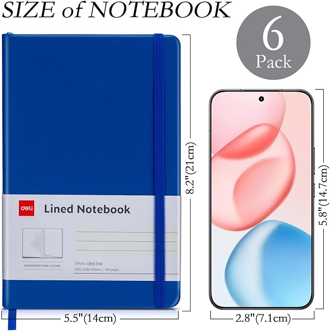 deli 6-Pack Blue Lined Journal Notebook, 160 Pages Hardcover Writing Notebook, A5 (5.5"x8.2") College Ruled Notebook for Office, School, Work Notes