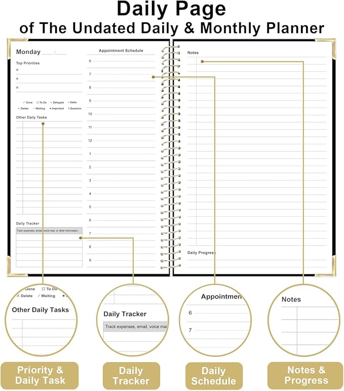 Undated Daily Monthly Planner for 2025 2026 - A5 To Do List with Hourly Schedule, Hardcover Spiral Bound Daily Planner to Increase Focus, Stylish School/Office Supplies, 5.8" x 8.5", Black