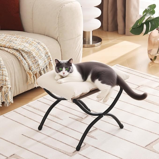 Welnow Folding Foot Stool, Upholstered Small Accent Ottoman with Detachable Thick Cotton Cushion Padded Sofa Stool and Metal Frame for Lazy Chair, Living Room, Bedroom, Beige