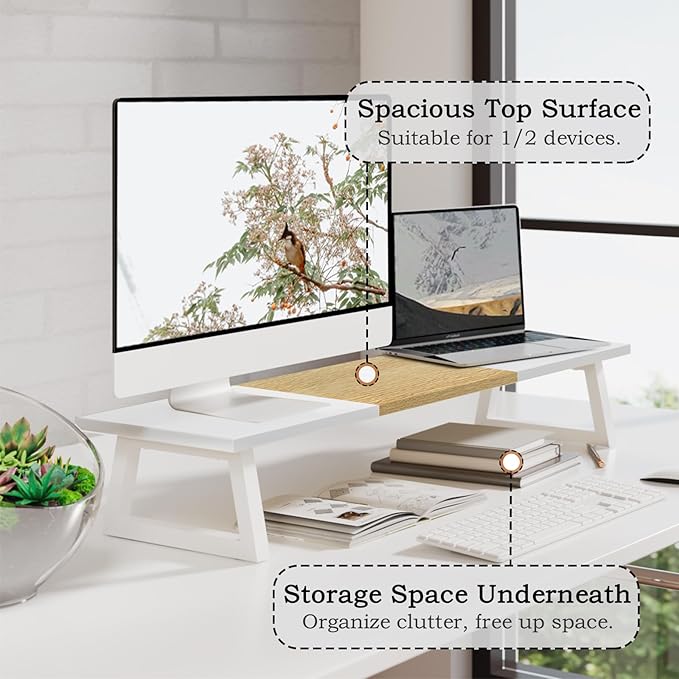 TEAMIX Dual Monitor Riser with Metal Leg, 31.5 inch Long Monitor Stand Riser Wide TV Stand Riser White Monitor Stand for 2 Monitors Wood & Steel Desktop Riser for Home Office Desk Organization