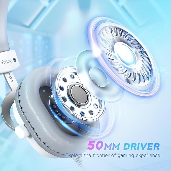 FIFINE USB PC Gaming Headset with 3.5mm Audio Jack, Detachable Microphone, 7.1 Surround Sound, Volume Control, Streaming Over-Ear Wired Headphones for Computer, PS5, Controller, Xbox-H9 White