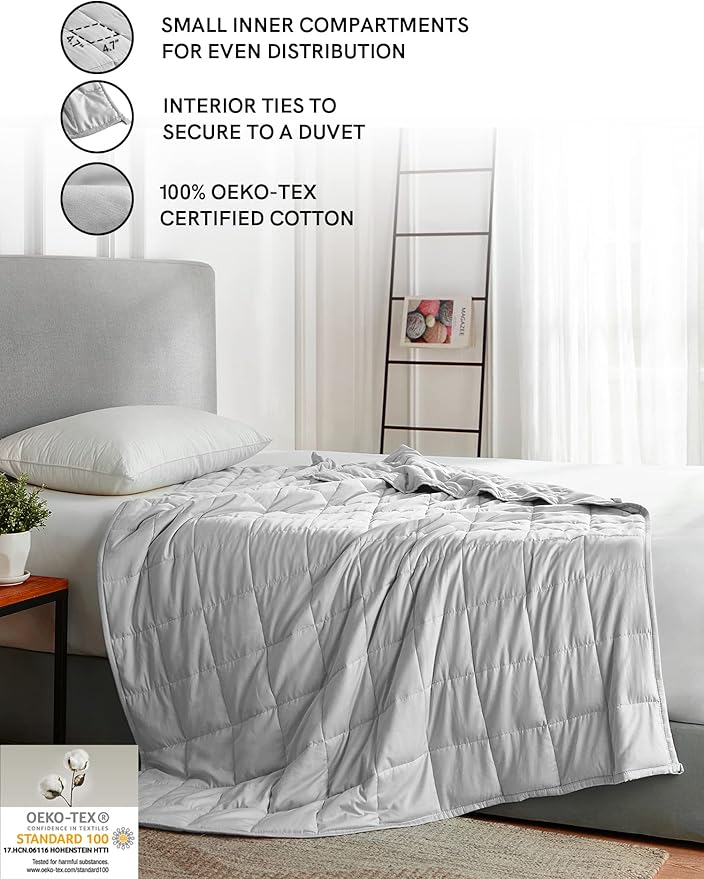 YnM Exclusive Weighted Blanket, Soothing Cotton, Smallest Compartments with Glass Beads, Bed Blanket for One Person of 110lbs, Ideal for Twin/Full Bed (48x72 Inches, 12 Pounds, Light Grey)