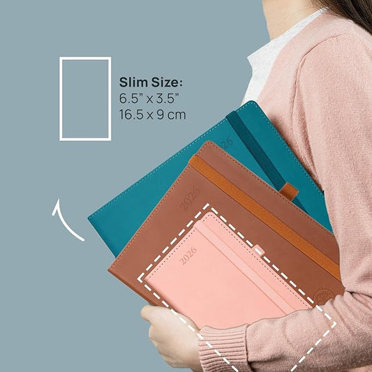 POPRUN Pocket Calendar 2026 (Slim Size-3.5'' x 6.5''), 12 Months (Jan. - Dec. 2026) Small Planner Weekly and Monthly for Purse with Pen Holder, Storage Pocket, Vegan Leather Hardcover - Green