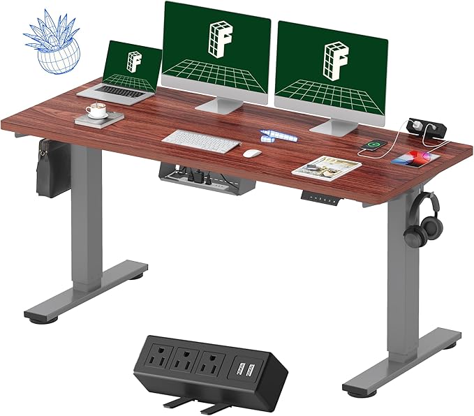 FLEXISPOT EN2 Whole-Piece Standing Desk with Clamp Power Strip, 60 x 24 Electric Stand Up Height Adjustable Desk with Cable Management (Gray Frame + 60" Mahogany Top, 2 Packages)