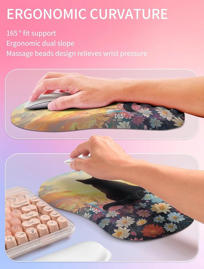 Hokafenle 2in1 Combination, Wave Keyboard Wrist Rest and Ergonomic Curvature Mouse Pad Wrist Support for Relieve Wrist Pain, Filled with Soft Cushion Memory Foam, Wishing Cat