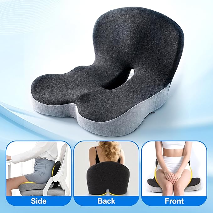 Memory Foam Office Chair Cushion, L-Shaped Integrated Seat Cushions, Chair Seat Cushion for Lower Back Tailbone Protection, Lumbar Support (Black Gray)