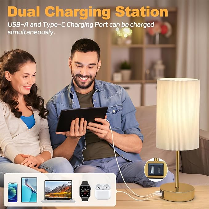 AKASUKI Table Lamp for Bedroom, 3 Way Dimmable Touch Lamp with Dual Charging Station, Small Bedside Lamps for Night Stands, Living Room, Office(LED Bulb Included)