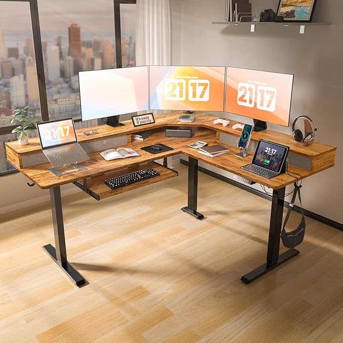 L Shaped Standing Desk with USB Charging Port & 4 Drawers,63 x 55 inch Electric Adjustable Height Corner Stand Up Desks with Keyboard Tray & Storage,Sit Stand Computer L Desk for Gaming Office