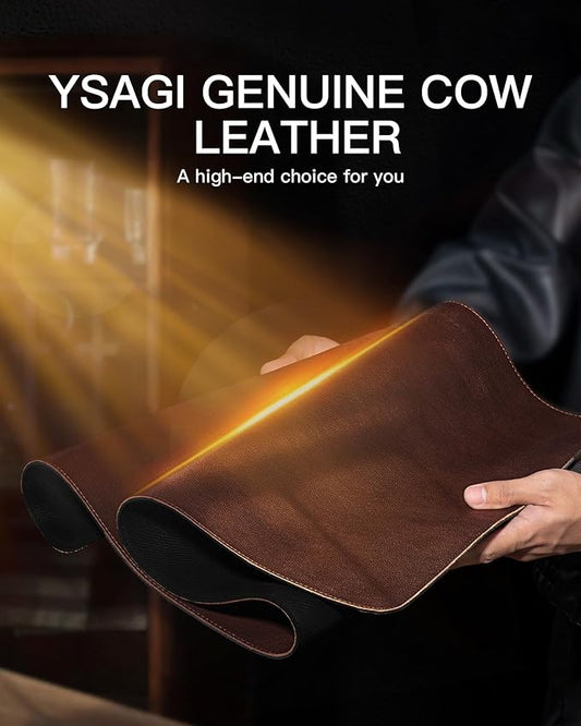 YSAGi Genuine Leather Desk Mat, 31.5"x15.8" Office Desk Pad, Thick Premium Table Pad with Stitched Line, Non-Slip Laptop Writing Pad with Rubber Base (Dark Brown, 31.5"x15.8")