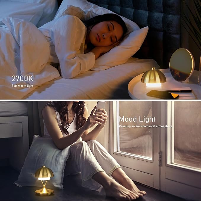 Modern Table Lamp Cordless Portable Desk Lamp, 2700K Stepless Dimming Rechargeable Battery Operated LED Lights for Bedroom, USB-C Charging, Restaurant/Bar/Night Light/Gifts (Antique Brass)