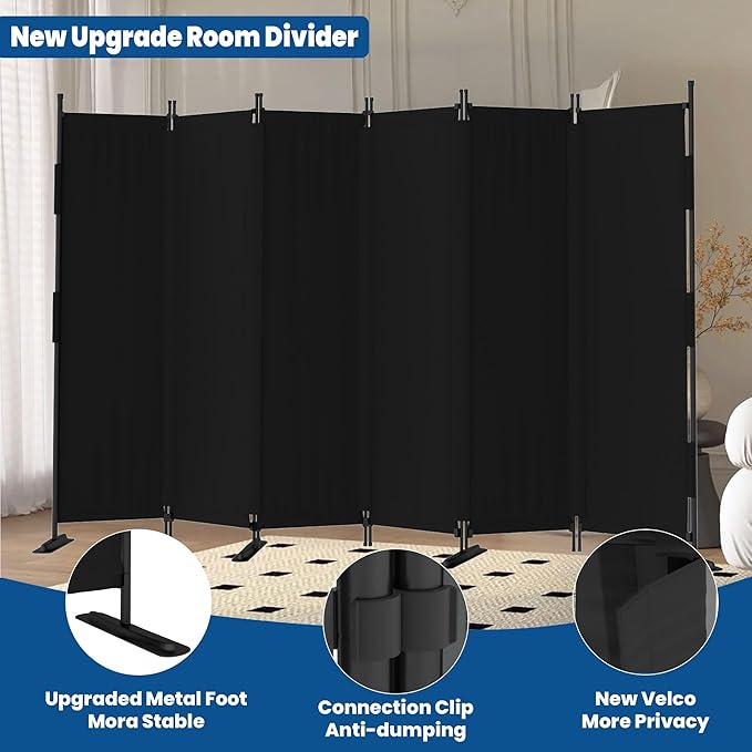 Room Divider, 6 Panel Upgraded Folding Privacy Screen, 132” Highly Secretive Separation with 4 Metal Feet, Partition Screen, Lightweight Freestanding Wall Divider Bedroom (Black)
