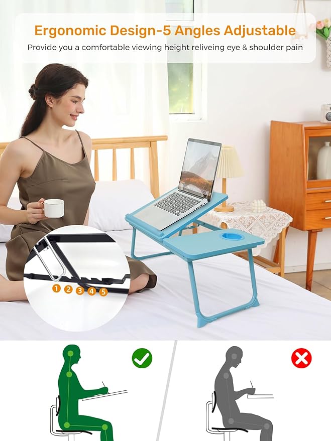 Lap Desk for Couch/Sofa/Floor, 5-Angle Adjustable Bed Desk with Foldable Legs &Cup Holder, Light Weight Bed Tray Table for Writing/Eating/Reading, Portable Laptop Stand for Adults, Kids