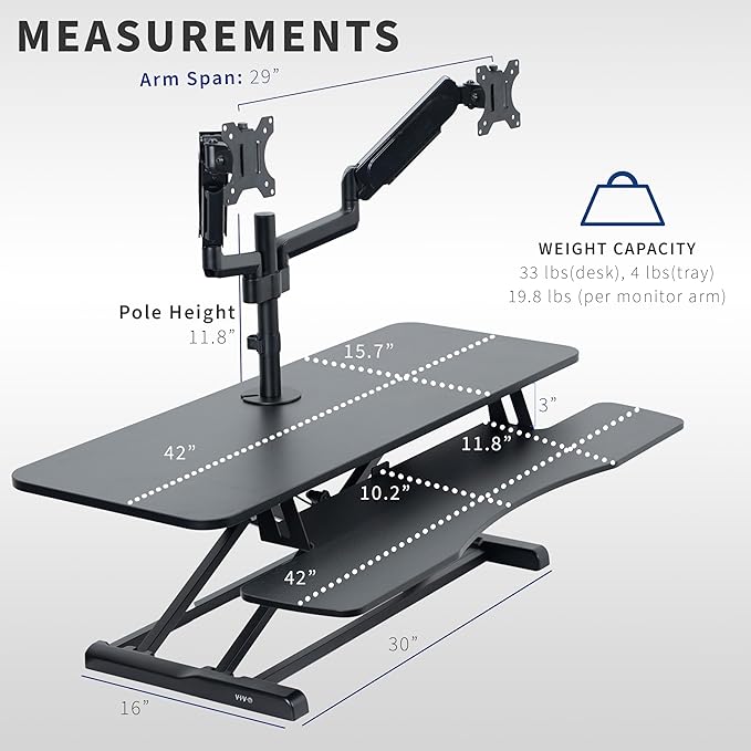 VIVO 42 inch Standing Desk Converter with Dual Monitor Mount for up to 32 inch Screens, Height Adjustable Riser with Pneumatic Spring Arms, Black, DESK-KIT-042K2K
