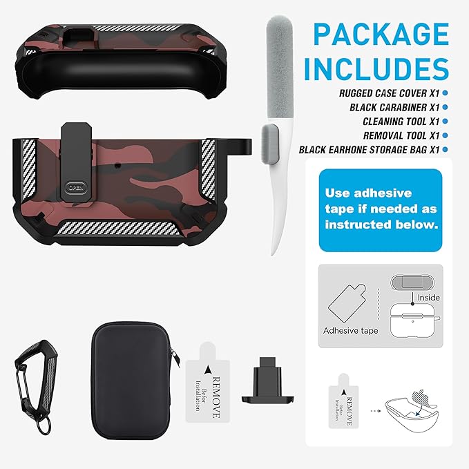 Maxjoy for AirPods Pro Case Cover with Lock, AirPods Pro 1st Generation Case for Men Military Rugged Protective Cover with Keychain Compatible with Apple AirPod Pros 2019 Front LED Visible, Red Camo