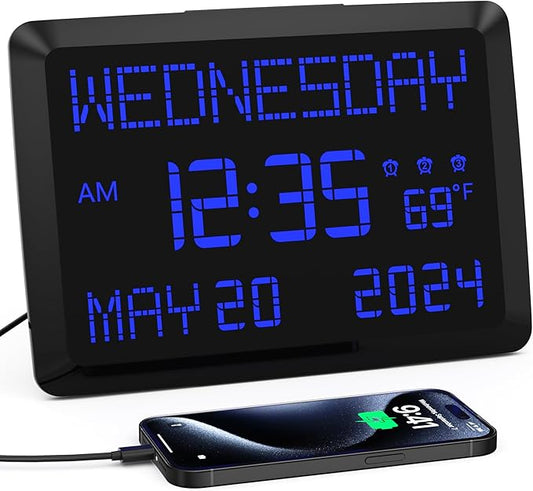 11.5” Digital Wall Clock with Date,Time,Week,Indoor Temperature,3 Alarms,5 Dimmer,2 USB Chargers,Battery Backup,Snooze,12/24H for Elderly,Parents,Impaired Vision,Dementia,Memory Loss,Office,Bedroom