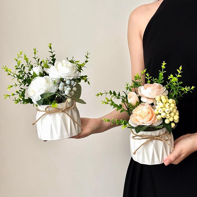 Faux Flowers with Vase, 2pcs Small White Artificial Flowers Arrangement, Potted Plants,Decoration for Bathroom Home Party Office Desk Wedding,Coffee Table Decor (White/Champagne)