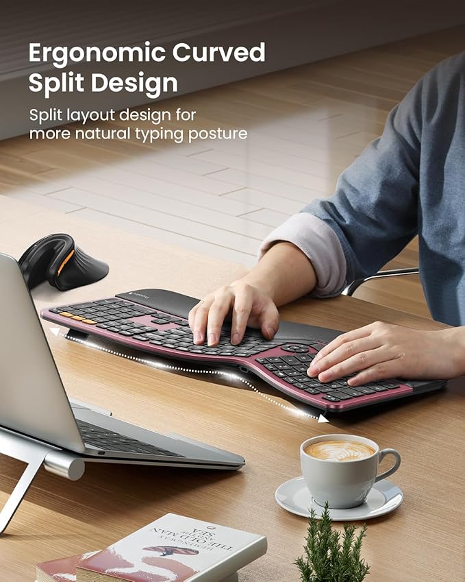 ProtoArc Backlit Bluetooth Ergonomic Keyboard, EK01 Plus Full Size Wireless Split Keyboard with Dual Bluetooth and USB, Cushioned Wrist Rest, Rechargeable, Compatible with Windows/Mac, Wine Red