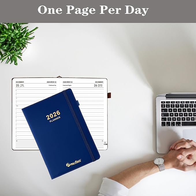 Daily Planner 2026 / Appointment Book, One Page Per Day, Jan - Dec 2026, Annual Daily Monthly Calendar Planner with Hourly Schedule and Monthly Tabs, 5.7" x 8.3" Agenda (Navy Blue)