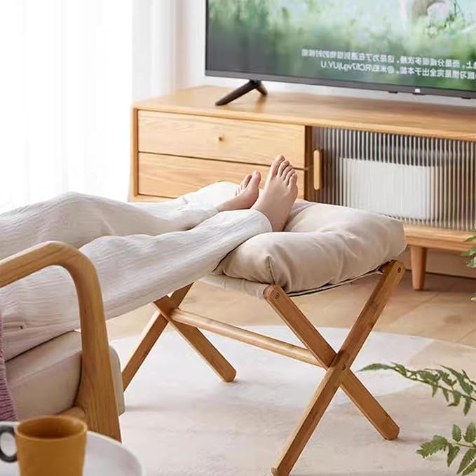 Folding Upholstered Footrest Stool, Small Accent Ottoman with Thick Cotton Cushion & Bamboo X Legs, Modern Padded Sofa Stool for Makeup Bedroom Living Room (Beige)