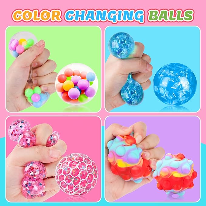 Stress Balls 4 Pack for Adults and Kids, Squeeze Toys, Sensory Toys for Kids with Autism, Squishy Fidget Toys for Stress and Anxiety Relief, Prize for Classroom