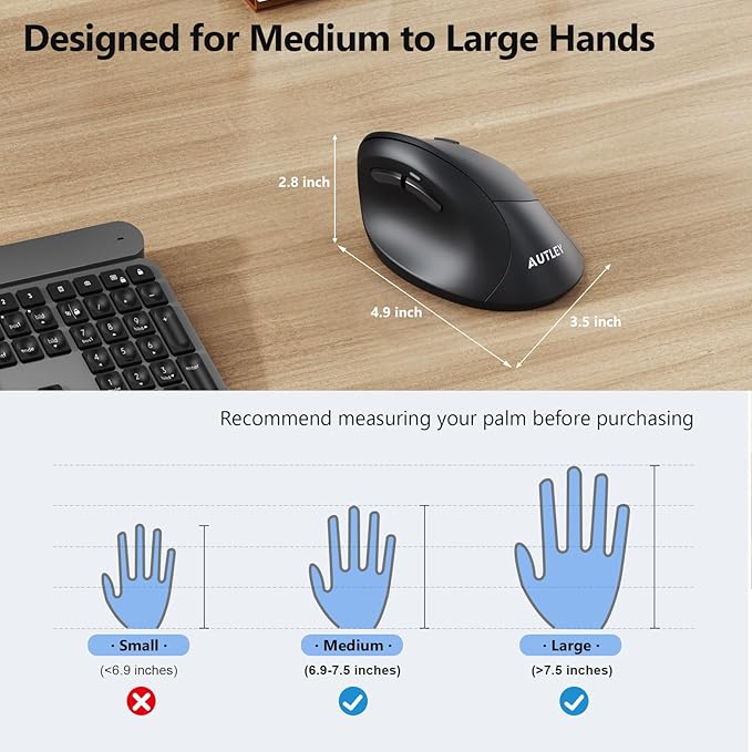 AUTLEY Ergonomic Mouse for Large Hands, Vertical Mouse, 2.4GHz Wireless Computer Mouse for Windows/macOS - 6 Buttons, Low Power Warning, 800/1200/1600 DPI, Black