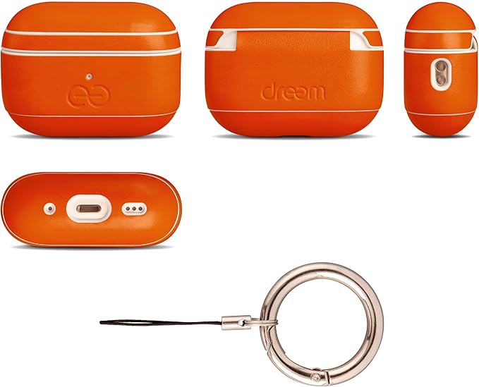 Dreem Om Case Cover with Keychain Clip Compatible with AirPods Pro 2/Pro, Protective One-Piece Hard Shell, Luxury Vegan Leather AirPod Pro Case 2nd/1st Generation with Separate Clip [Orange]