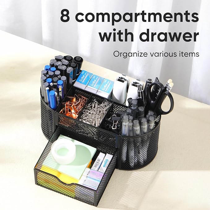 deli Mesh Desk Organizer Office Desktop Organizer with Drawer, Metal Stationary Organizer Desk Caddy Pen Holder, 8 Compartments, Black
