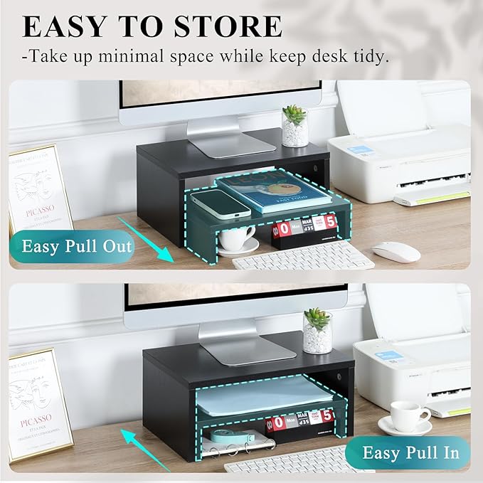 TEAMIX 2 Pack Black Monitor Stand Riser, Wood 2 Tier Adjustable Stand for 2 Monitors/Laptop/PC