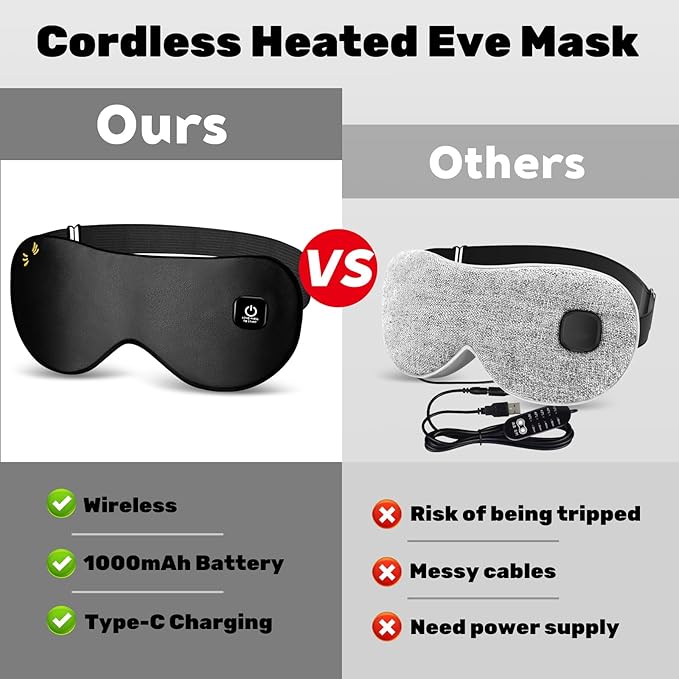 Silk Cordless Heated Eye Mask for Dry Eyes, Light Blocking Warm Eye Compress, Improved Sleep, with 3 Heat Settings, Washable Heating Pad for Migraine, Travel, Rechargeable, Men Women
