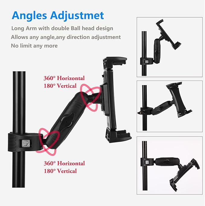 Treadmill Tablet Ipad Holder Bike Handlebar Mount Clamp for Stationary Bicycle Elliptical Spin Bike Peloton Stroller for 4-13" Devices, iPad Pro 12.9, Air, Mini, Galaxy Tabs, iPhone