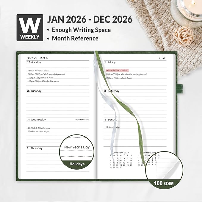 SUNEE 2026 Pocket Weekly Planner for Purse 3.5" x 6" - 12 Month (January 2026 - December 2026), Small Size Planner, Hardcover, Note, Deep Green