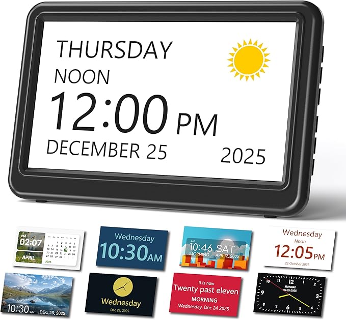 Mesqool 7" Digital Dementia Alarm Clock Large Display for Seniors, Plug in Electric Date Day of Week Calendar Clock 23 Alarms 18 Ringtones for Elderly Memory Loss Alzheimer’s,Auto DST,Custom Schedules