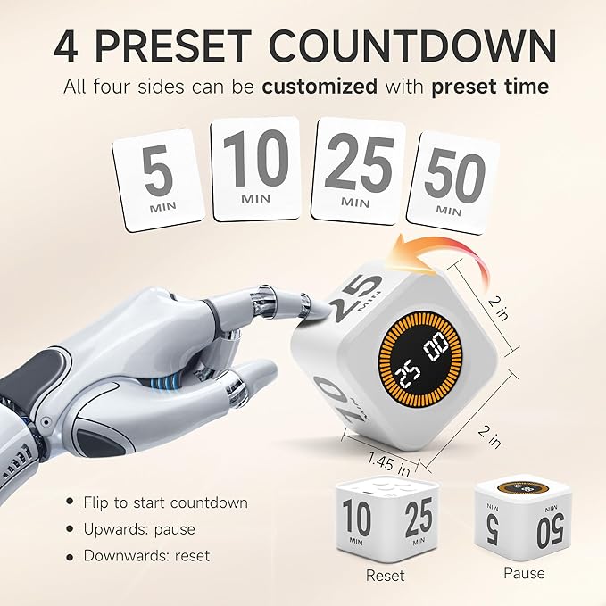 Rotating Productivity Timer 5, 25, 10, 50 Minutes Preset, Desk Cube w/Gravity Sensor for ADHD, Mute Functions, Ideal for Work, Study, Kitchen, Back to School (1, White)