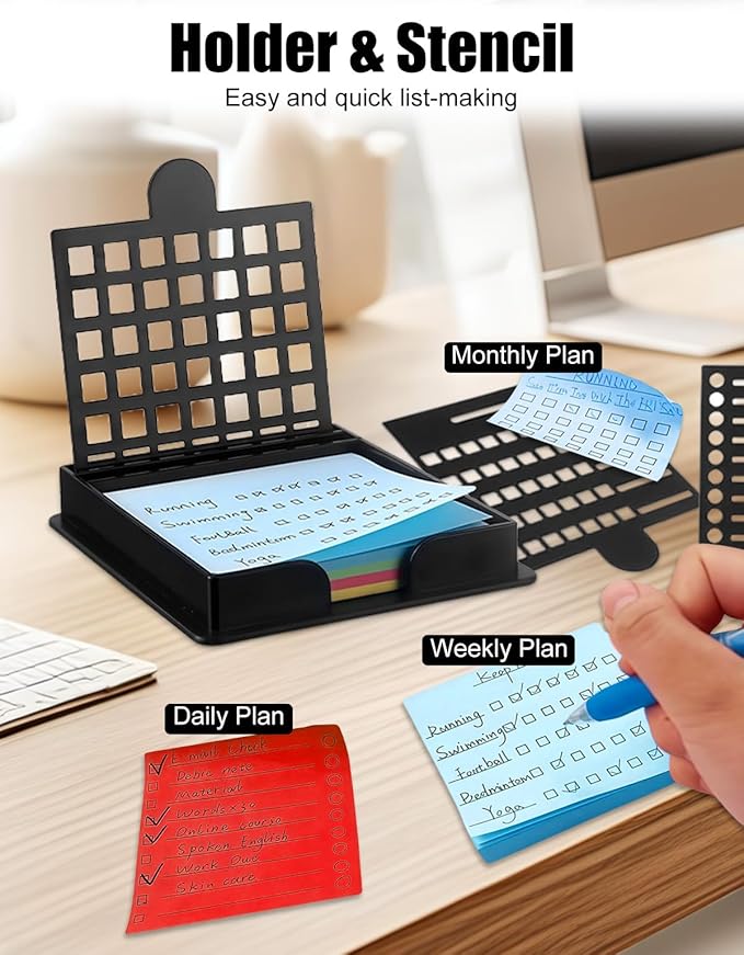 Sticky Note Holder Compatible with Post It Notes, 3x3 Sticky Note Stencil Dispenser with Template, Sticky Note Line Stencil and Holder with Five Line Box Drawing Template for Home and Office (Yellow)