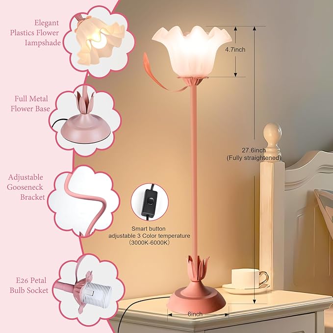 Cute Flower Table Lamp, Bedside Vintage Flower Lamp with LED Bulb, 3 Colors Temperature Flower Lamp for Bedroom Living Room Bedside Desk Reading Lighting Table Lamps Home Decoration (Pink)