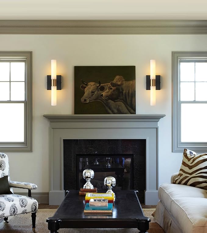 Wall Sconces Set of Two Black and Brass Gold Wall Lights with White Frosted Glass Shade Modern Wall Lamp for Bathroom Living Room Indoor Vanity Up and Down Sconces Wall Lighting for Hallway