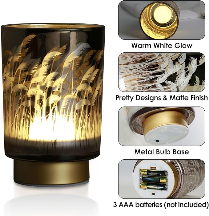 Eywamage Battery Operated Table Lamp with Remote, Pampas Cordless Glass Accent Lamp Lights for Bedroom Living Room Kitchen