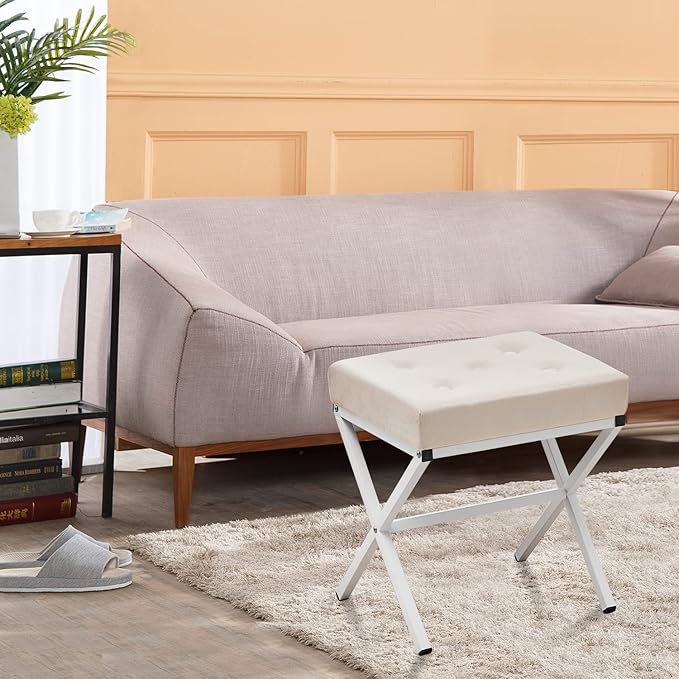 Wimarsbon Ottoman Foot Stool Tufted Vanity Stool Thickened Cushion Footstool Mulifunctional Shoe Changing Seat Step Stools with Metal X Leg for Living Room Bedroom Velvet Cream