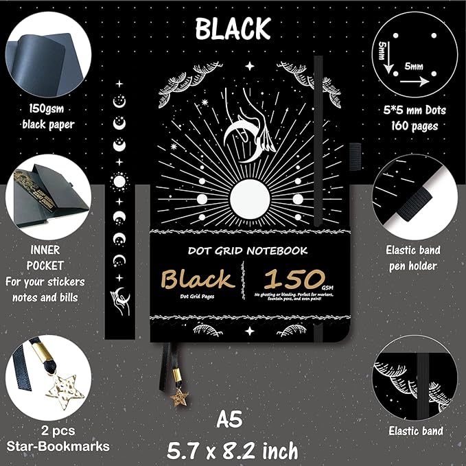 BUKE Dotted Journal - 150gsm Black Paper - 5 * 5mm DOT GRID Layout 160 Pages - A5 Size PU Leather Hardcover Drawing Sketch Notebook (Black)