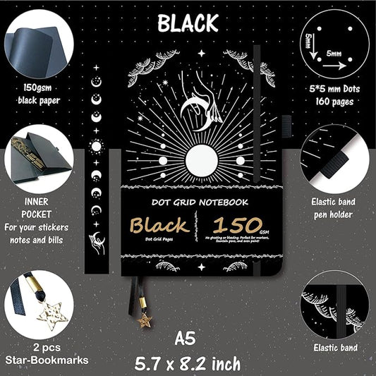 BUKE Dotted Journal - 150gsm Black Paper - 5 * 5mm DOT GRID Layout 160 Pages - A5 Size PU Leather Hardcover Drawing Sketch Notebook (Black)