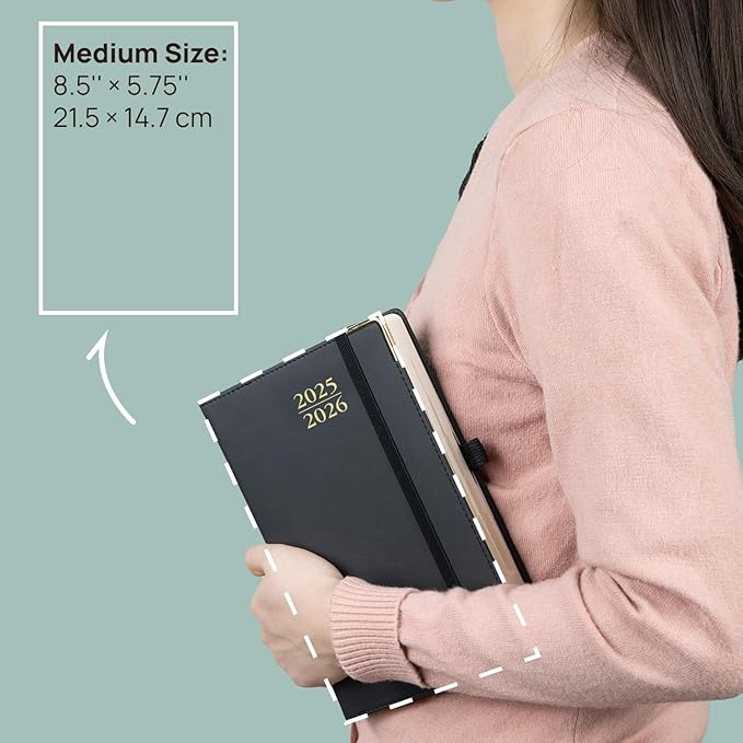 POPRUN Daily Planner 2025-2026 One Page per Day, (A5 Size 5.75" x 8.5") Academic Calendar (July25- June26) Hourly Appointment Book with Vegan Leather Hardcover, Monthly Tabs & Pocket - Brown