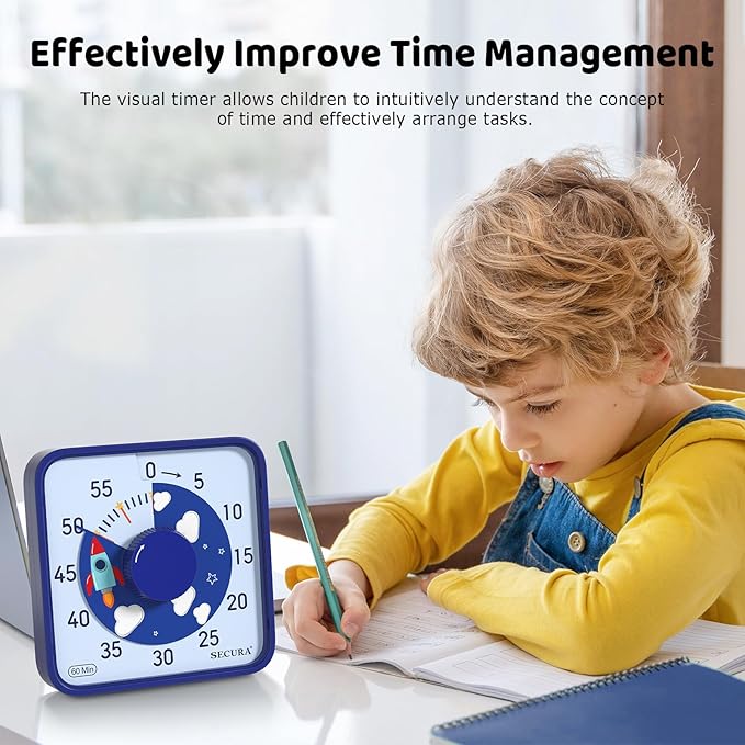Secura 7.5-Inch Rocket Pattern Visual Timer for Kids, 60-Minute Countdown Timer for Classroom or Kitchen, Durable Mechanical Timer Clock with Magnetic Backing (Blue)