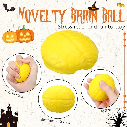 Leitee 12 Pcs Brain Stress Balls Bulk Large Halloween Brain Toys PU Hand Muscle Exercise Pressure Ball Funny Stress Relief Toy for Teens Adult Improving Grip Strength Prop(Yellow)