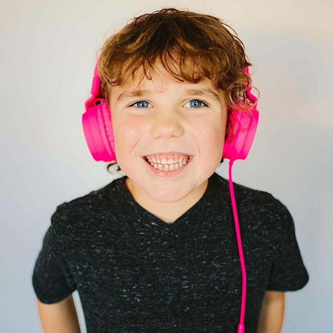 Puro Sound Labs PuroBasic Kid Headphones with Cord - Volume-Limiting & Adjustable with Microphone – Compatible with Smartphones, Tablets, PCs, and More – Safe, Durable Headphones for Kids – Pink