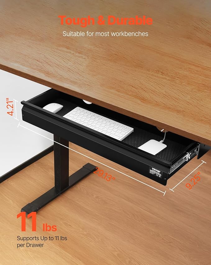 VEVOR Under Desk Drawer Slide Out, 26 inch Under Desk Mounted Pull-out Drawer Attachment, Hidden Under Counter Drawers for office Home Sit Stand Workstation, Black