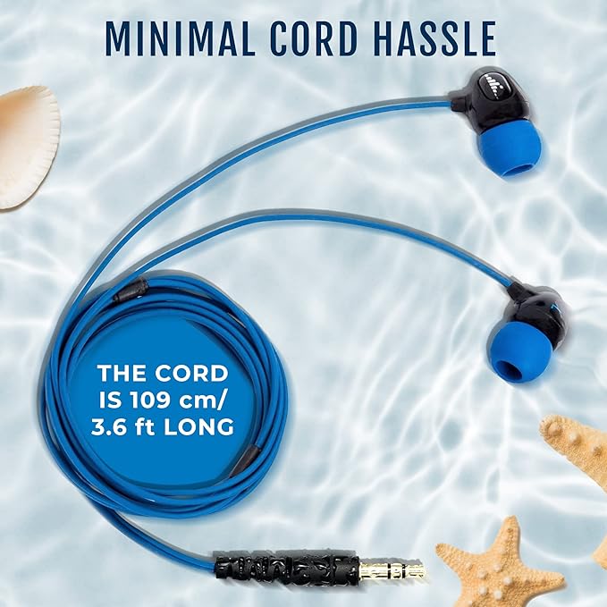H2O Audio Surge+ 100% Waterproof Headphones - Noise Canceling, Sweatproof, IPX8 Swim Earbuds with Bass Boost, Multiple Earplug Sets, for Swimming, Running & Underwater Activities - Black/Blue