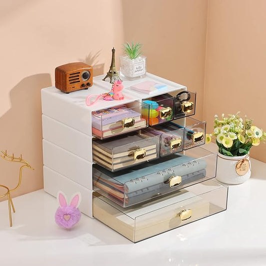 Spacious Desktop Storage Box, 2 Large Storage Drawers, Stackable Office Desk Drawer Organizer and Accessories, Printer Paper Organizer, White Plastic Drawers for Workspace