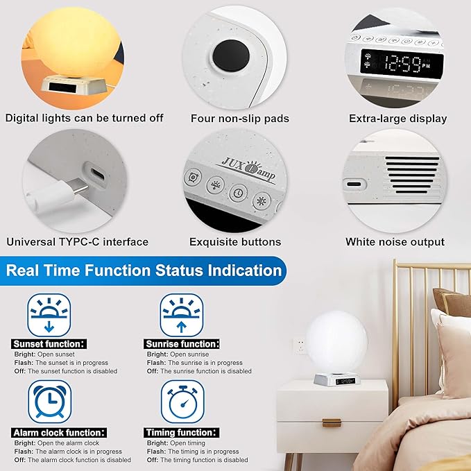 Moon Clock Light Alarm Clock Wake up Lamp Cute Aesthetic Alarm Clock Nightstand lamp UV-Free LED Sunrise lamp for bedrooms Built-in White Noise APP Control Bioclock Adjustment